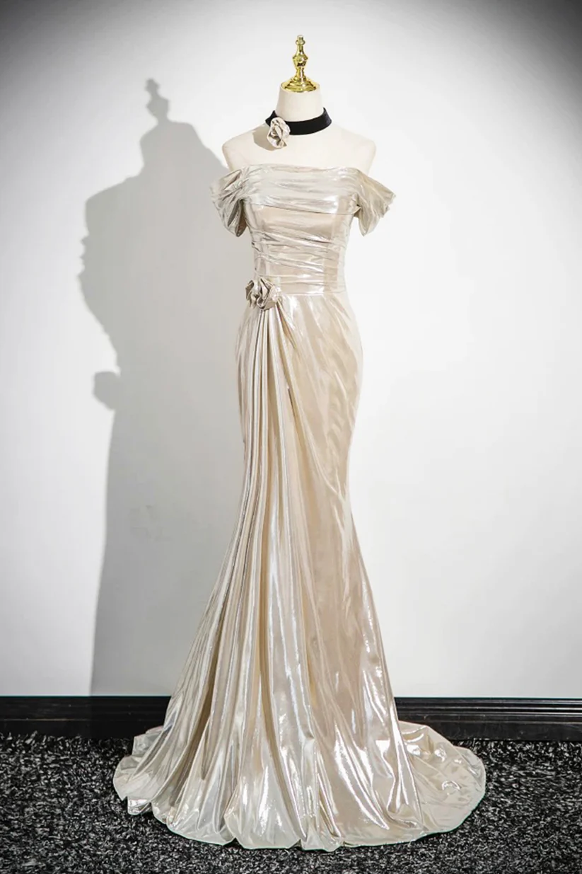 Champagne Off The Shoulder Satin Party Dress, Elegant Mermaid Evening Dress cc2647