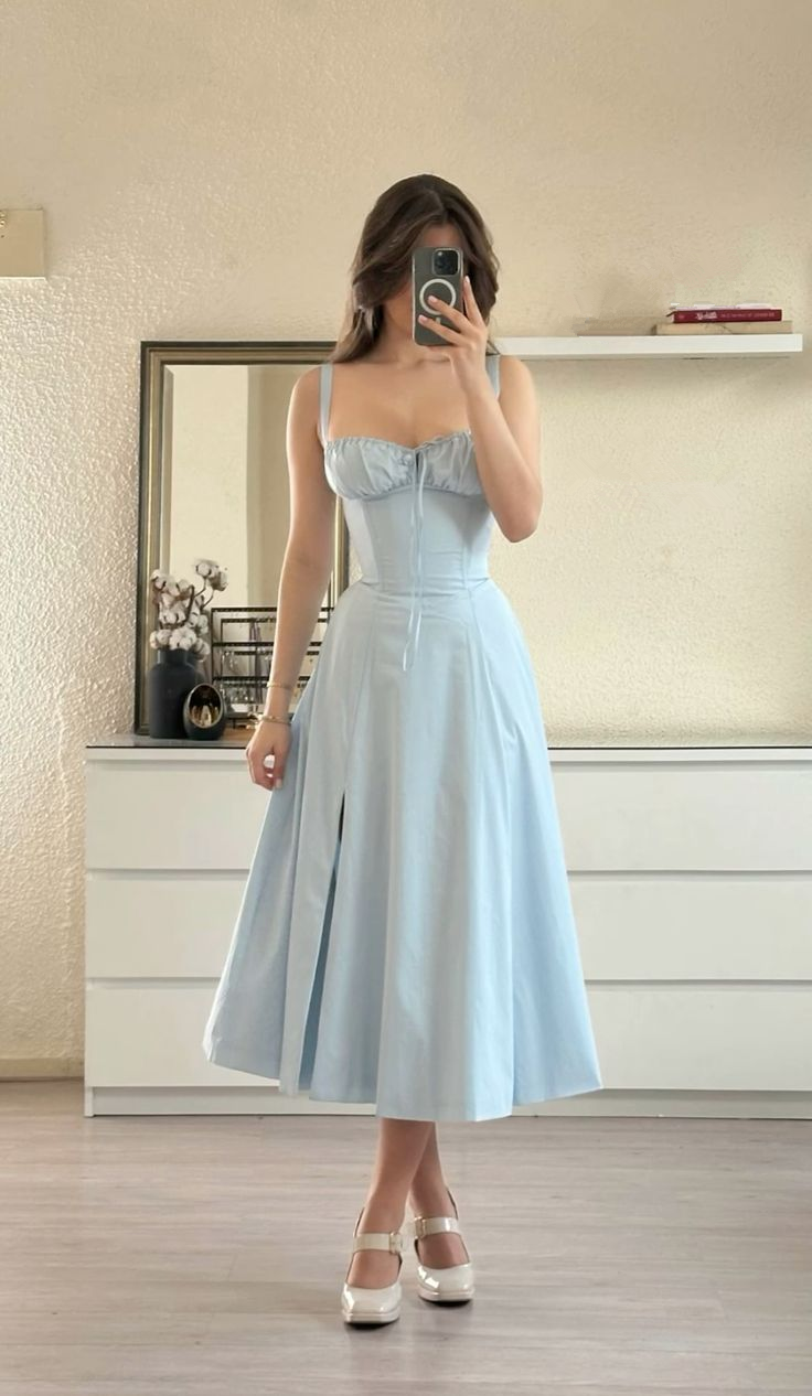 Sweet Blue Sweetheart Neckline A Line Satin Slit Evening Dress Elegant Prom Dress Party Gown cc1497