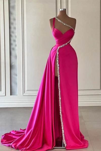 Gorgeous Hot Pink Pleated Satin Prom Party Dress Slit Evening Dress cc1745