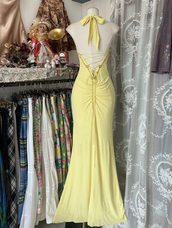 Elegant Yellow Halter Satin Beaded Sequins Evening Dress,Long Mermaid Party Prom Dress cc2999