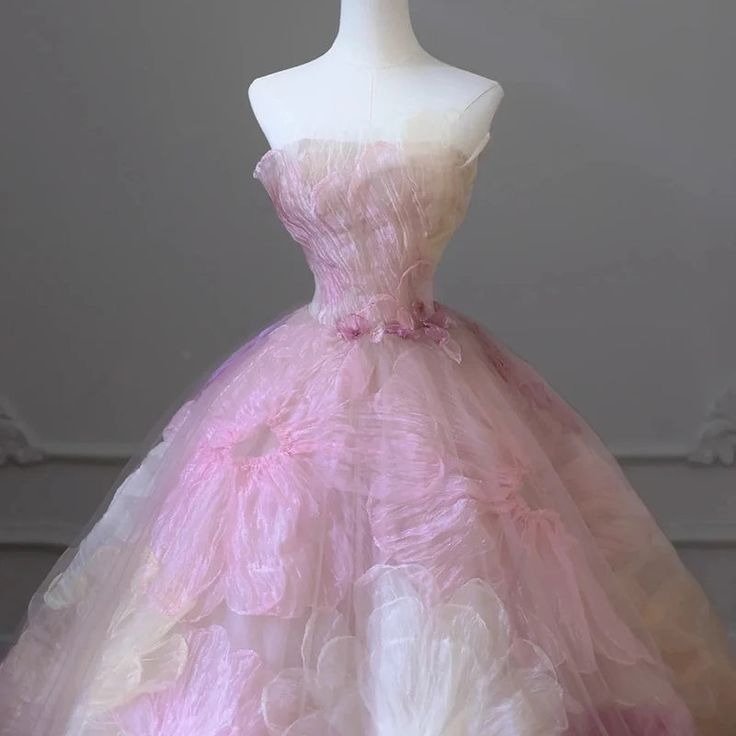 Fairy Pink 3D Appliques Flower Formal Ball Gown Elegant Strapless Sweet 16 Dress cc1618