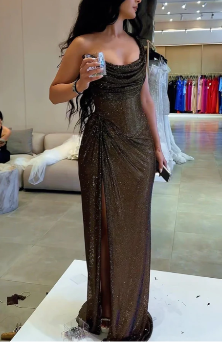 Gorgeous Black One Shoulder Tulle Sequins Pleated Slit Evening Dress,Formal Party Prom Dress cc2865