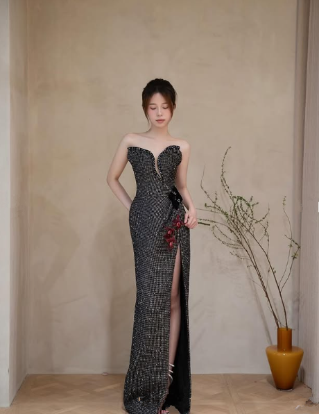 Unique Black Sequins Beaded Mermaid Slit Prom Evening Dress,Long Party Dress cc2985