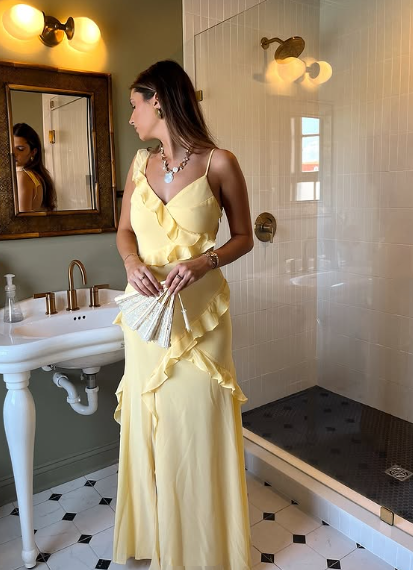 Elegant Yellow Spaghetti Straps Ruffle Slit Prom Dress,Long Party Evening Dress cc3001