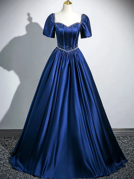 Charming Navy Blue Satin Sweetheart Pearls Beaded Party Prom Dress, A Line Ball Gown cc2191