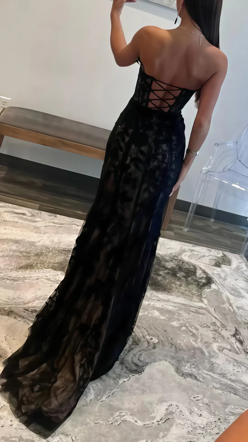 Sexy Tulle Lace Slit Evening Gown,Black Mermaid Long Prom Party Dress cc2463