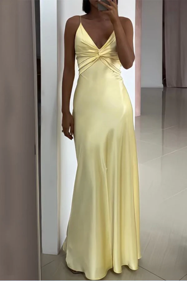 Sexy Spaghetti Strap Yellow Mermaid Satin Evening Prom Dress,Long Party Dress cc2960