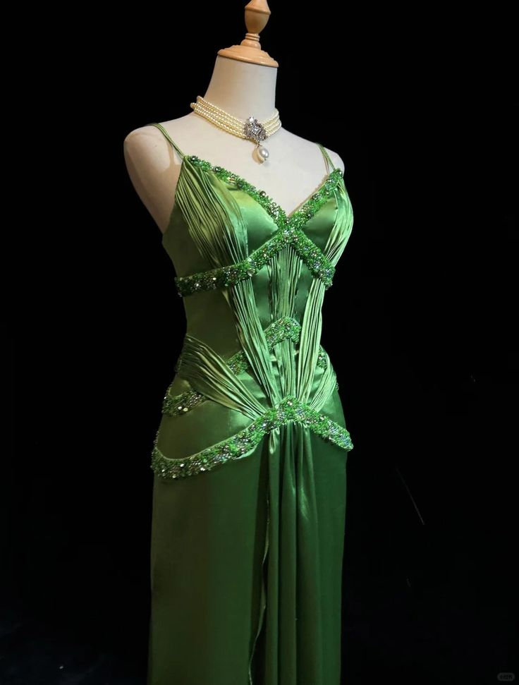 Vintage Green Satin Beaded Party Prom Dress,Spaghetti Strap Evening Dress cc2993