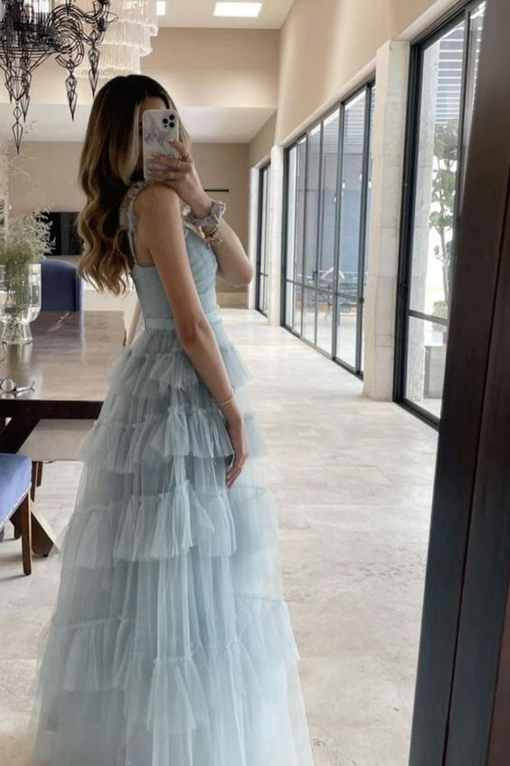 Light Blue Tulle Pleated Floor Length Junior Prom Dress cc1237