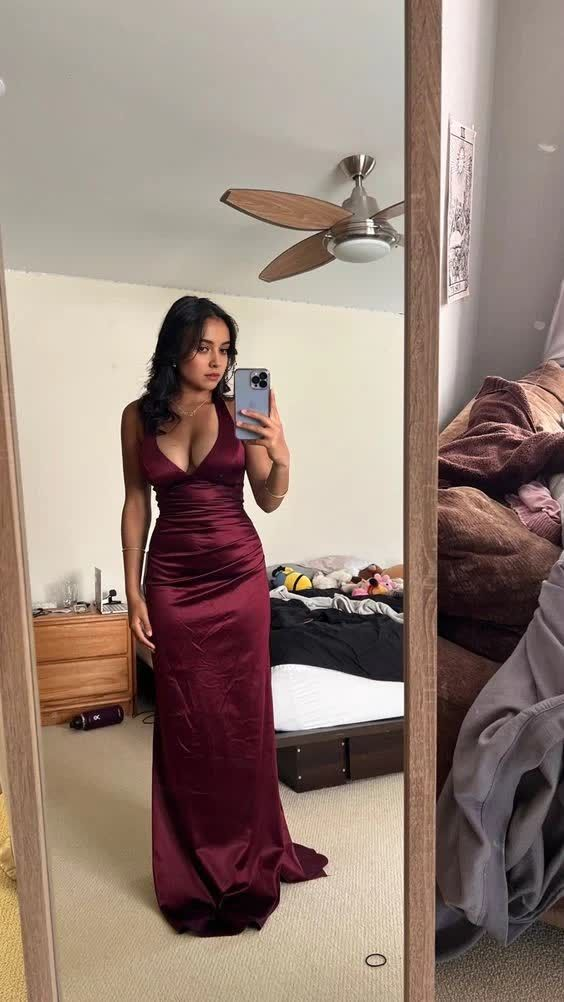 Burgundy Satin Plunging V- Neckline Long Evening Dress, Prom Dresses, Evening Party Dresses cc553