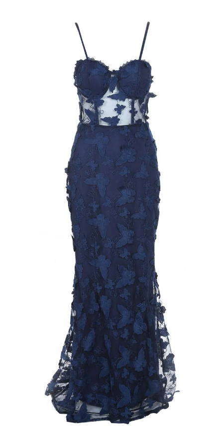 Vintage Mermaid Navy Blue lace Appliques Birthday Party Dress Prom Evening Dress cc1906