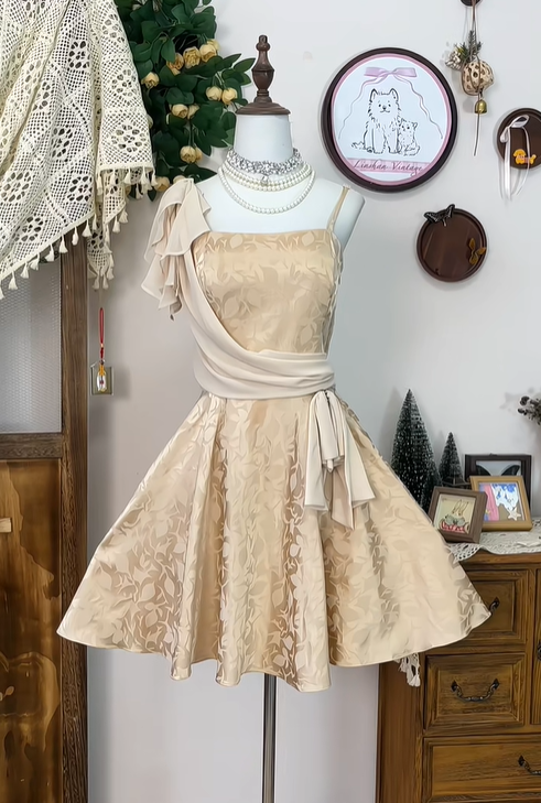 Vintage Champagne Satin Print Floral Birthday Outfits A Line Short Homecoming Dress cc3105