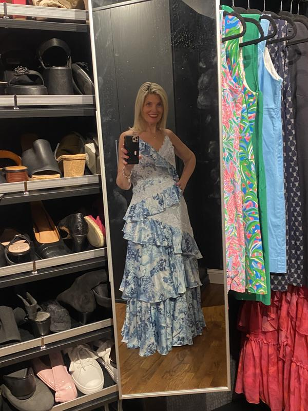 Vintage Blue Satin Print Tiered Ruffles A Line party Dress,Spaghetti Straps Prom Evening Dress cc2894