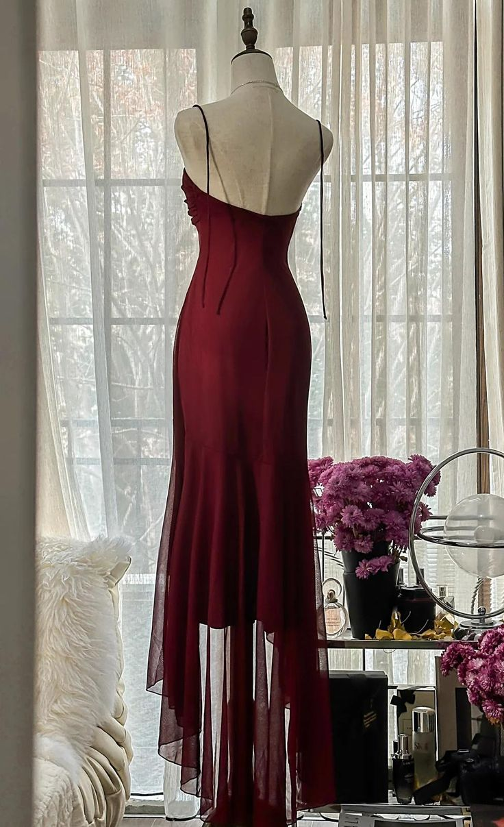Burgundy Mermaid Chiffon Strapless Prom Dress Graduation Party Dress cc3021