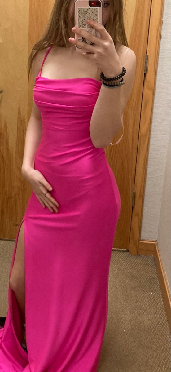 Beautiful Spaghetti Straps Mermaid Slit Evening Dress,Hot Pink Prom Dress cc2654