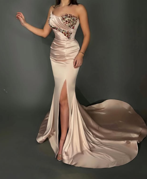 Gorgeous Strapless Mermaid Slit Evening Dress,Satin Beaded Party Prom Dress cc2968