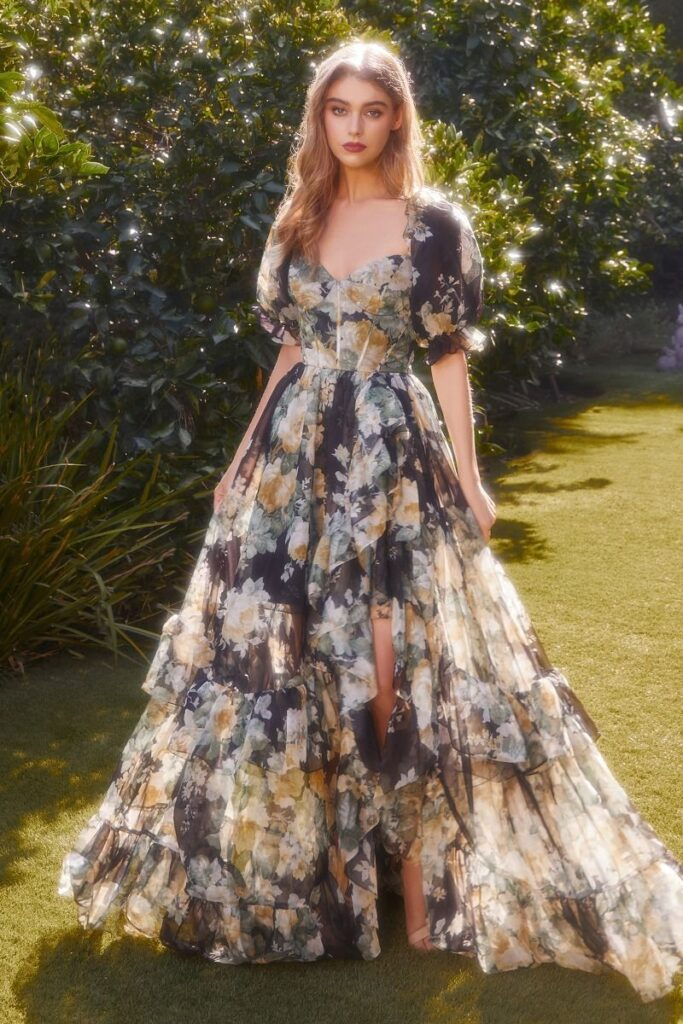Elegant Chiffon Print Floral A Line Slit Prom Dress,Ruffles Party Evening Dress cc2810