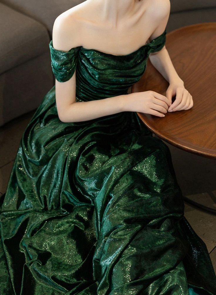 Beautiful Green Off Shoulder Evening Dress, Green Long Prom Dress cc1444