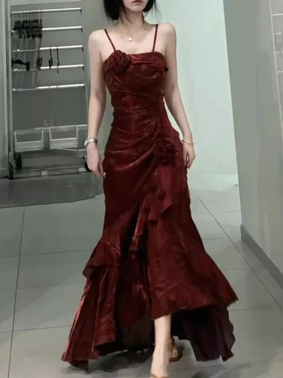 Elegant Mermaid Ruffles Spaghetti Straps Prom Dress With Flower,Formal Party Evening Dress cc1456