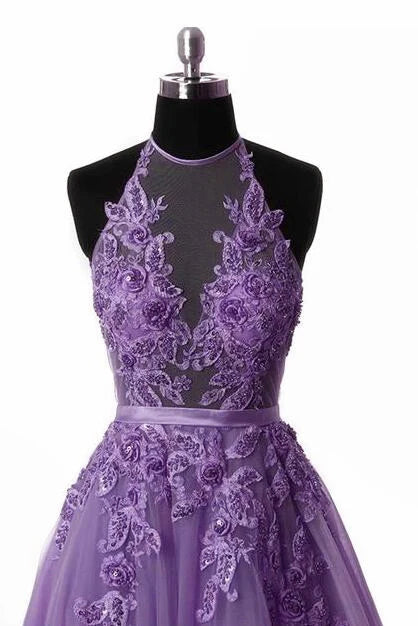 Light PurpleHalter Neck Lace Prom Dress with Sweep Train, Backless Evening Gowns C386