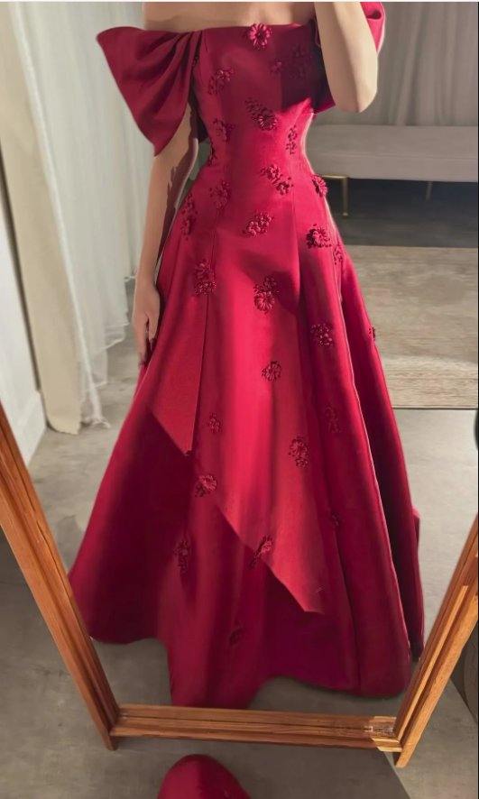 Burgundy Off The Shoulder Satin Appliques Evening Dress Classy Mermaid Party Dress cc1672