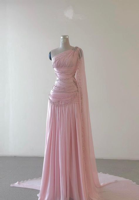 Vintage One Shoulder Pink Beaded A Line Chiffon Evening Dress Elegant Prom Dress cc1659