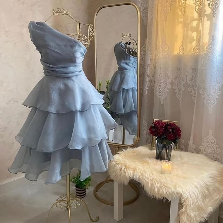 Elegant One Shoulder Blue Layered Homecoming Dress Mini Party Gown cc1718