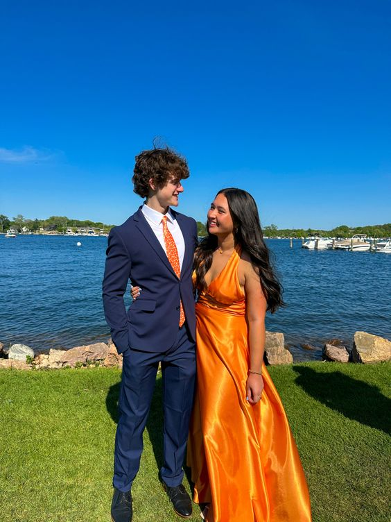 Orange A-line V Neck Prom Dress,Orange Bridesmaid Dress cc1303