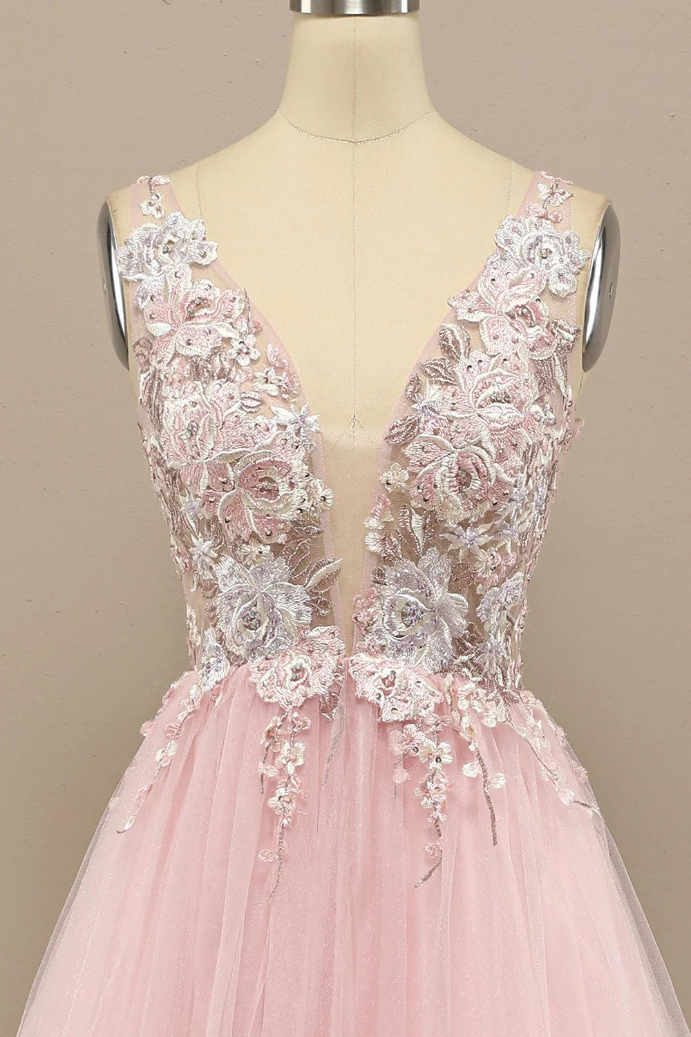 Pink Floral Embroidery V Neck Long Prom Dress C1708