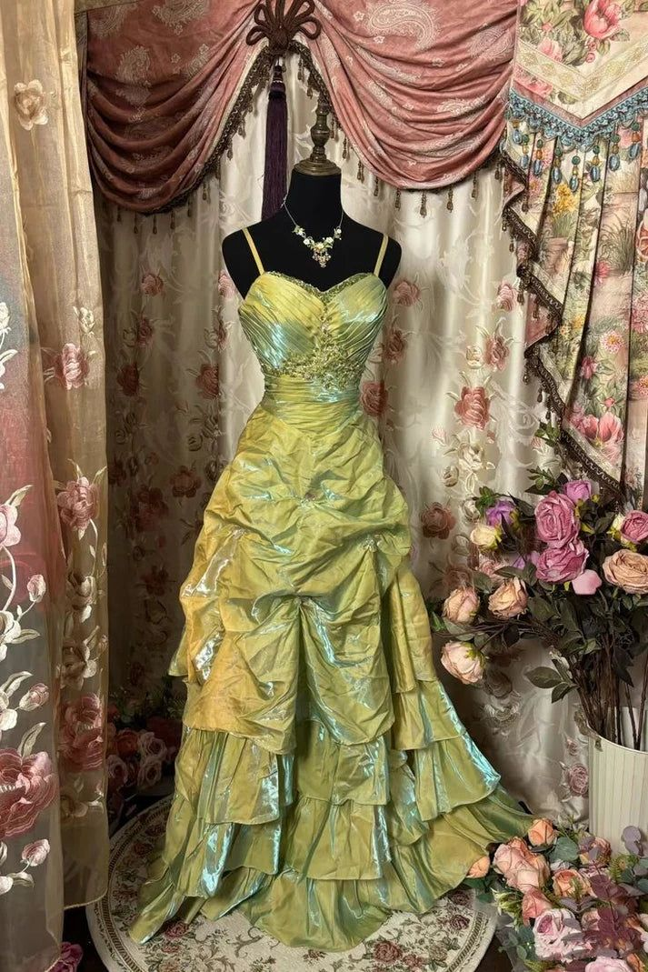 Vintage Green Satin Beaded Pleated A Line Prom Dress,Ball Gown cc2967