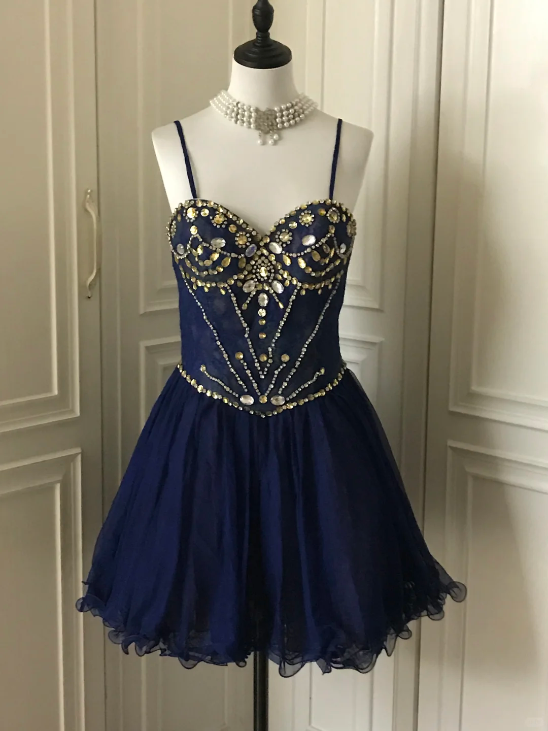 Vintage Navy Blue Lace Beaded A Line Homecoming Dress Short Party Dress cc3180