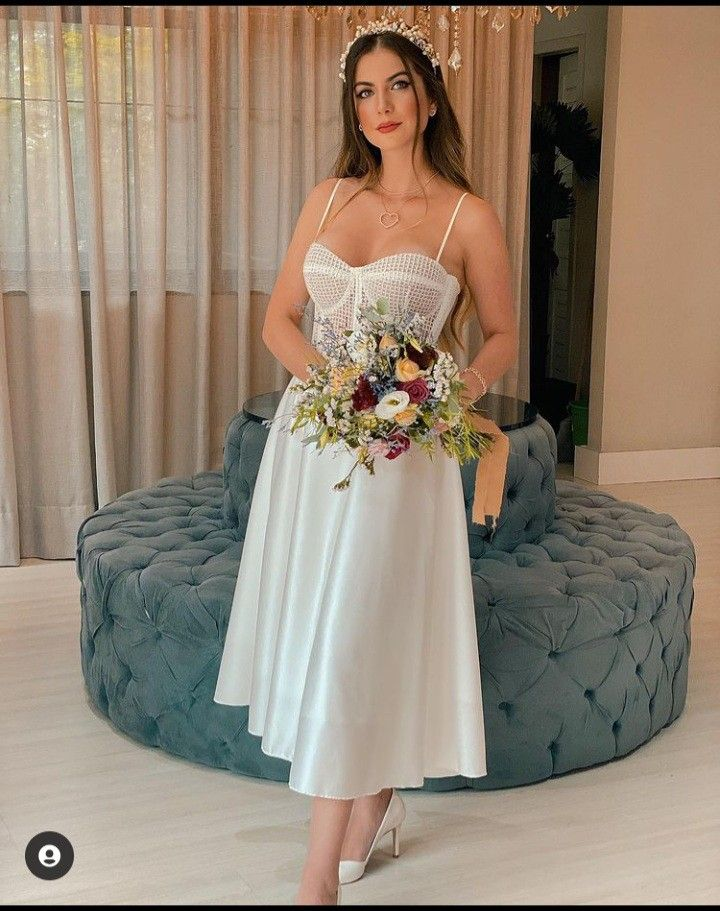 A-line White Midi-length Wedding Dress,White Engagement Dress cc749