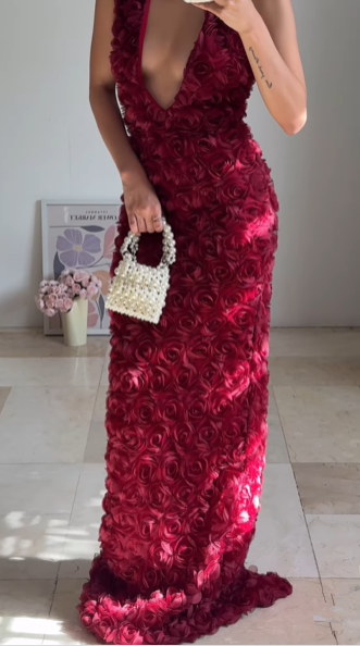 Gorgeous Deep V Burgundy Rose Flowers Long Party Evening Dress,Sheath Prom Dress cc2932