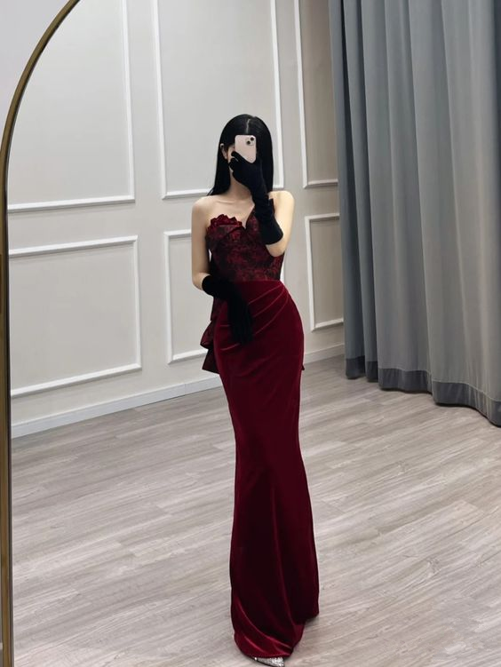 Sexy Mermaid Sweetheart Velvet Burgundy Long Prom Dress cc1110
