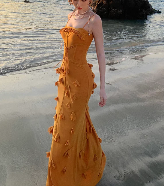 Unique Orange Mermaid Evening Gown Spaghetti Strap 3D Flower Long Prom Dress cc2434