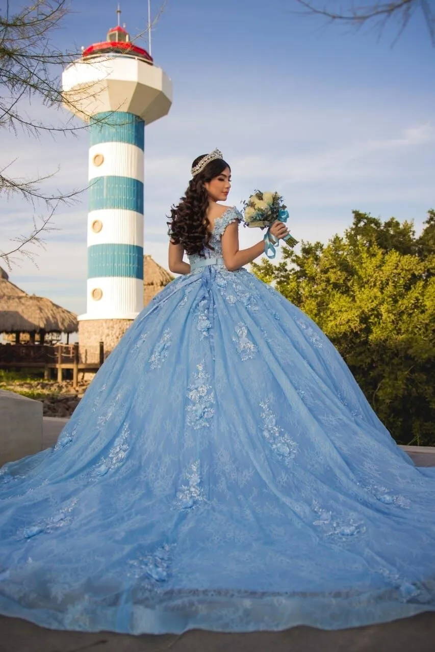 Off the shoulder blue ball gown gliter sweet 16 dress birthday dress c3142