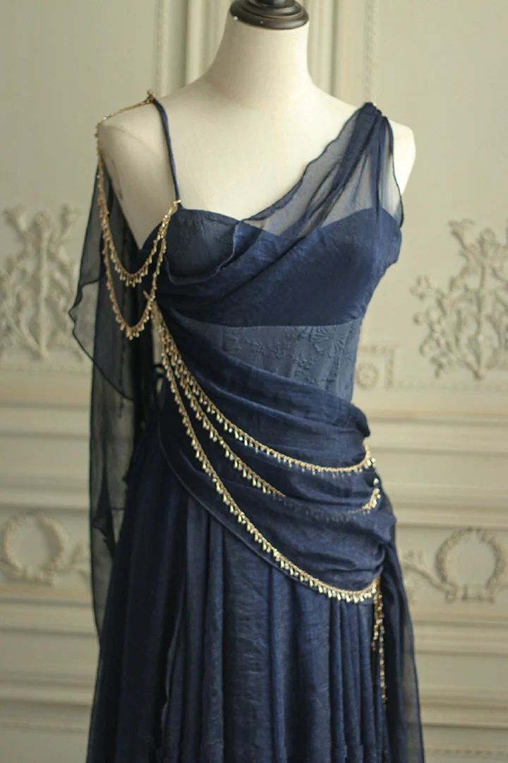 Unique Navy Blue Chiffon Party Dress,A Line Evening Dress cc2720