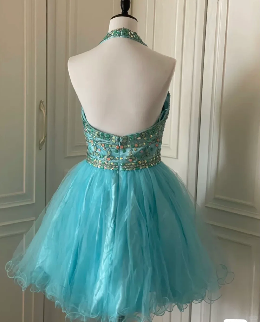 Vintage Blue Halter Tulle Beaded A Line Short Party Dress Formal Homecoming Dress cc3174