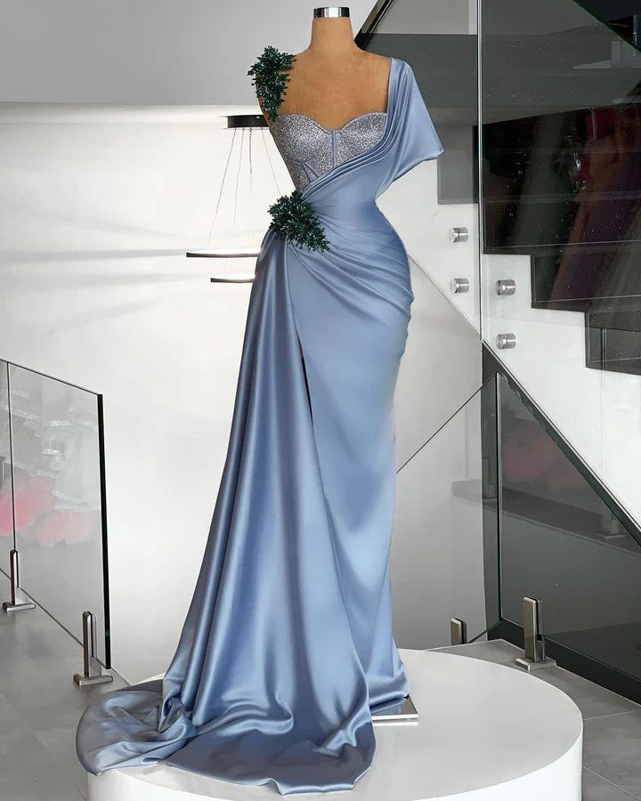 Elegant Blue Satin Mermaid Prom Dress Evening Dress With Beads cc2969