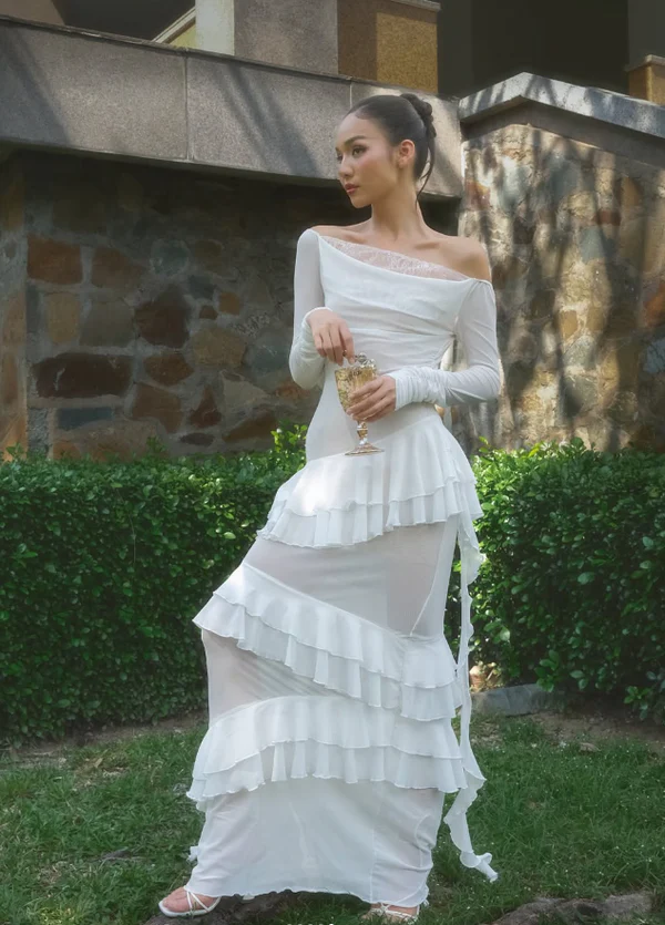 Charming Off The Shouler Lace Chiffon Layered Evening Dress,White Long Prom Wedding Dress cc2551
