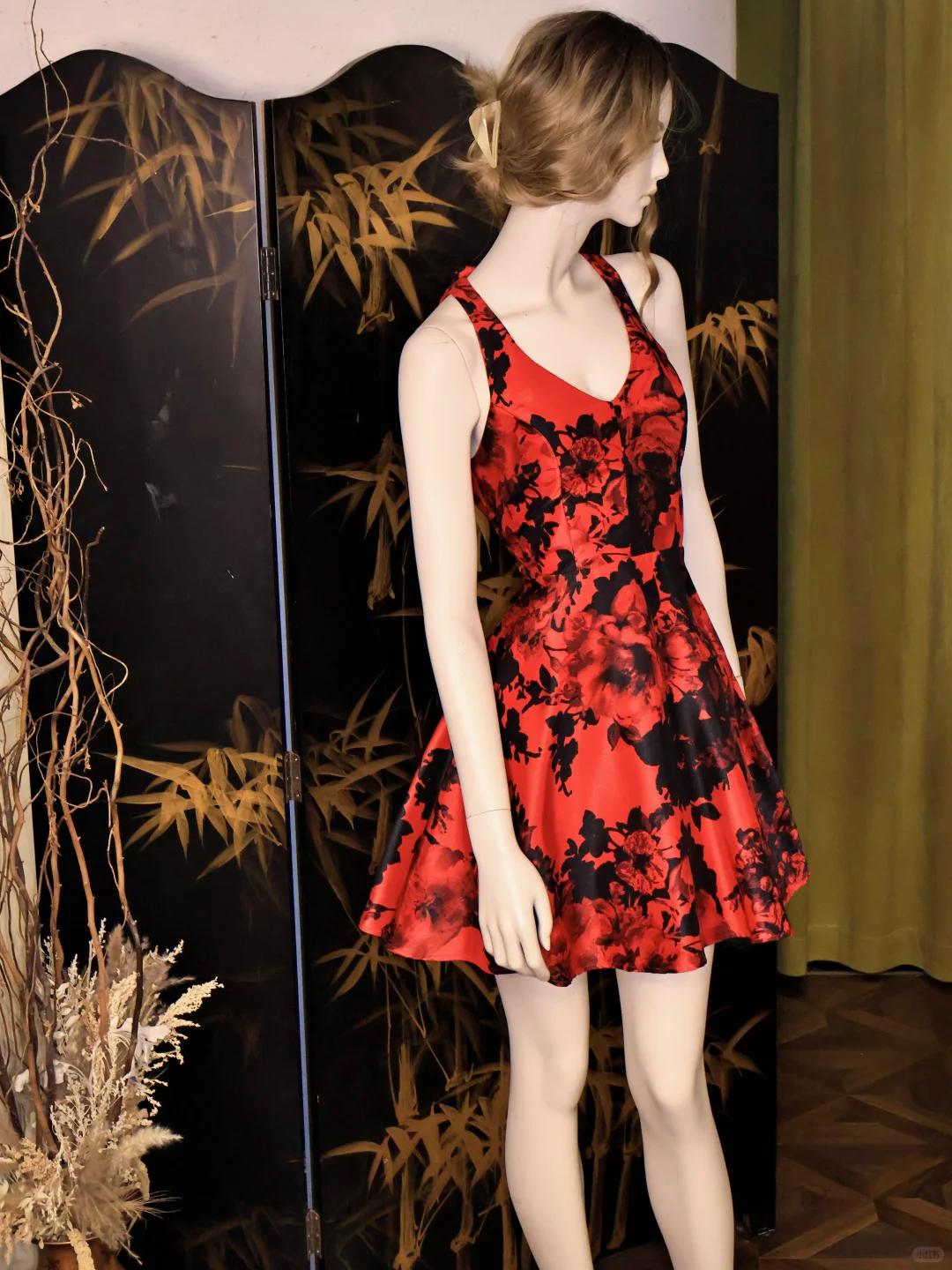 Vintage V Neck Red Satin Print Floral A Line Birthday Party Dress Bow Backless Formal Homecoming Dress cc3329