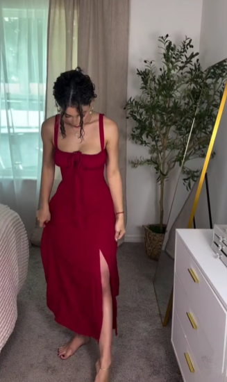Elegant Burgundy Satin Slit Party Dress,A Line Slit Sleeveless Evening Dress cc2854