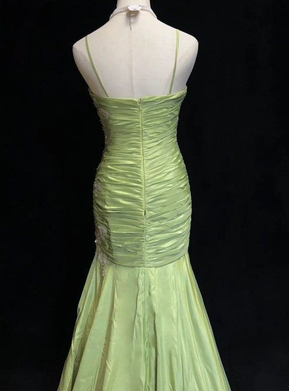 Gorgeous Green Mermaid Satin Beaded Sequin Party Evening Dress,Spaghetti Strap Long Prom Dress cc2997