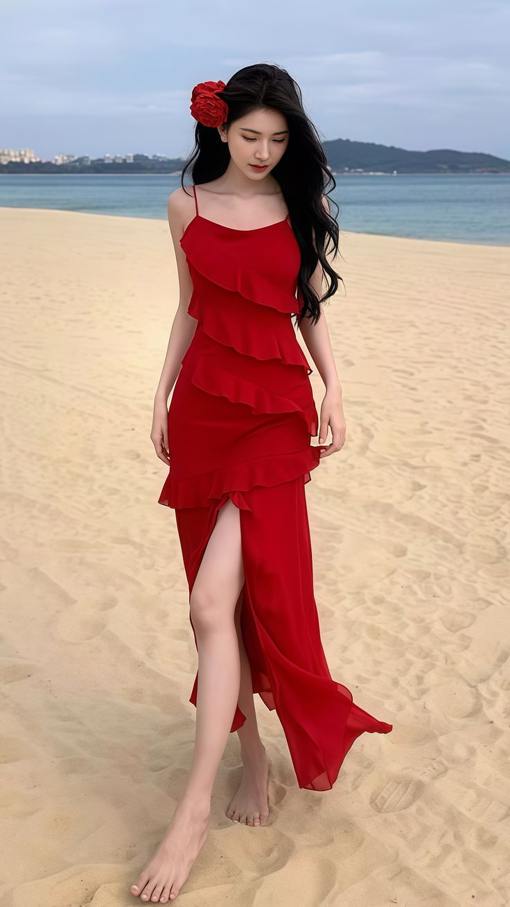 Pretty Hot Pink Ruffles Long Party Dress Chiffon Slit Prom Evenign Dress cc2235