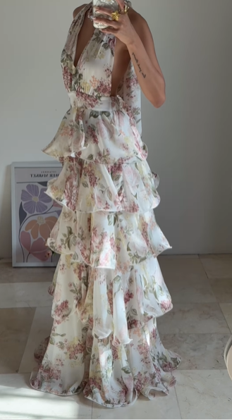 Gorgeous Halter Chiffon Print Floral Layered Evening Dress,Back A Line Prom Party Dress cc2928