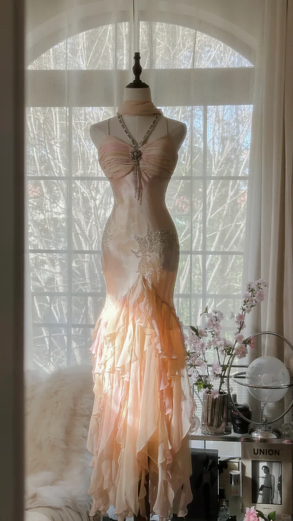 Charming Mermaid Beaded Ruffles Prom Dress,Chiffon Evening Dress cc3007