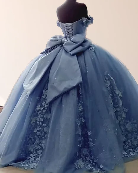 Blue Tulle Floral Flower Lace Appliques Off Shoulder Ball Gown Quinceanera Dress With Bow cc1728