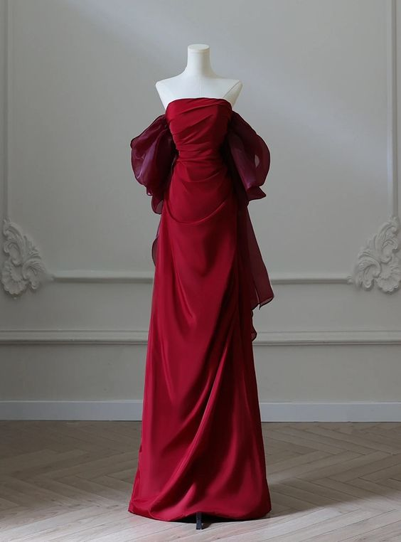 Burgundy Strapless Pleats Prom Dress Elegant Mermaid Evening Dress Wedding Party Dress cc1440