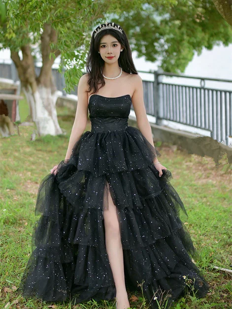 Glitter Black Tulle Layered Long Prom Dress Slit Fairy Ball Gown Party Dress cc1512