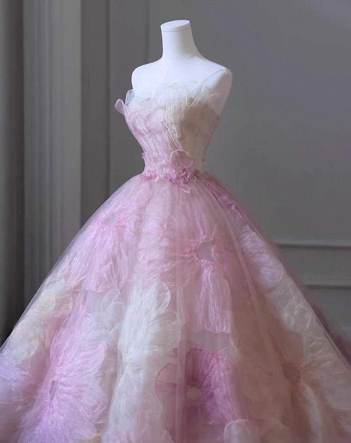 Fairy Pink 3D Appliques Flower Formal Ball Gown Elegant Strapless Sweet 16 Dress cc1618